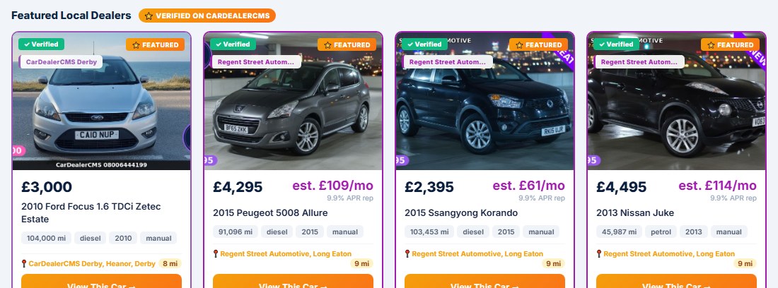 Local Car Sales search results for Derby, with CarDealerCMS dealers' cars shown as Featured at the top